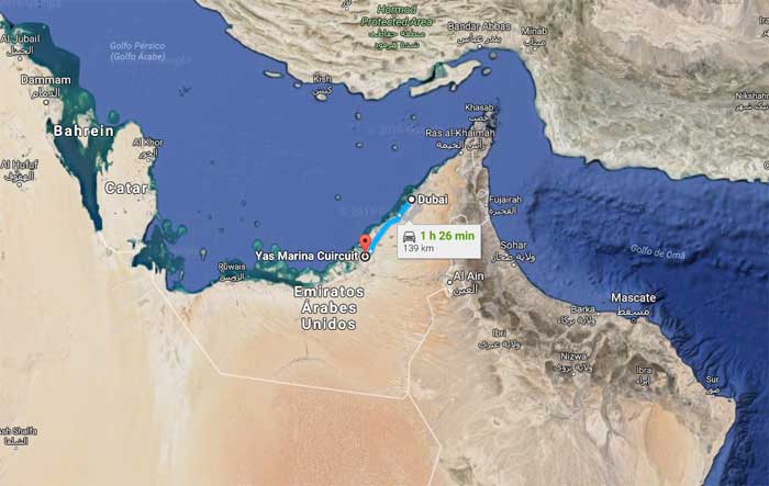 Circuito de Yas Marina (Abu Dhabi) fica a 139 km de Dubai