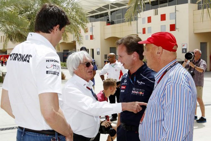Toto Wolff, Bernie Ecclestone, Christian Horner e Niki Lauda