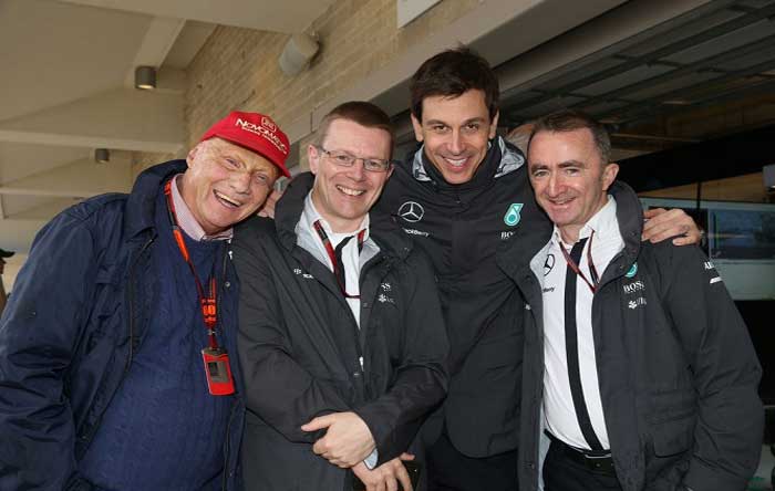 Staff da Mercedes: Lauda, Andy Cowell, Wolff e Paddy Lowe
