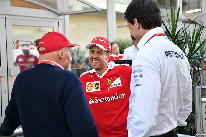 Niki Lauda, Sebastian Vettel e Toto Wolff