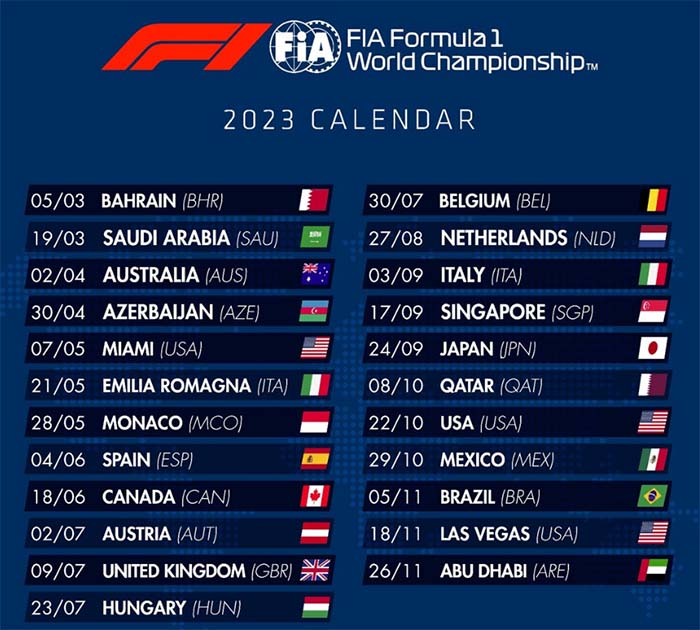 FIA divulga calendário de 23 corridas para 2023