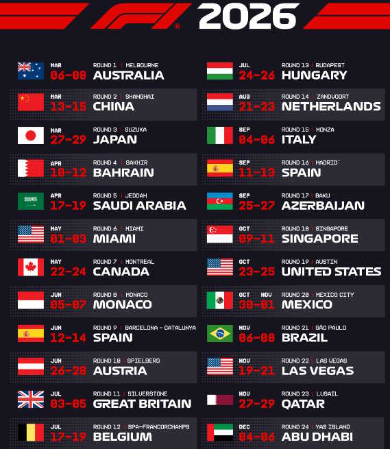 Calendário original da F1 de 2026 com 24 etapas previstas