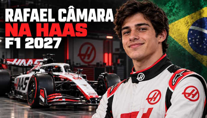 Arte sobre Rafael Câmara na Haas em 2027, com carro da equipe e bandeira brasileira